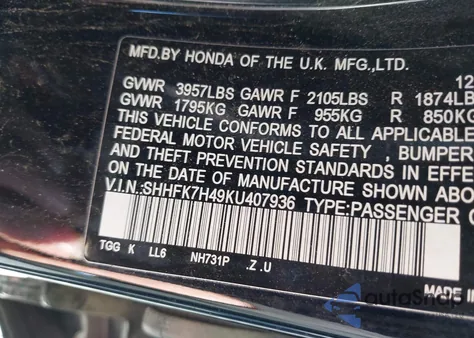 2019 Honda Civic Sport z USA, uszkodzony, nr VIN SHHFK7H49KU407936